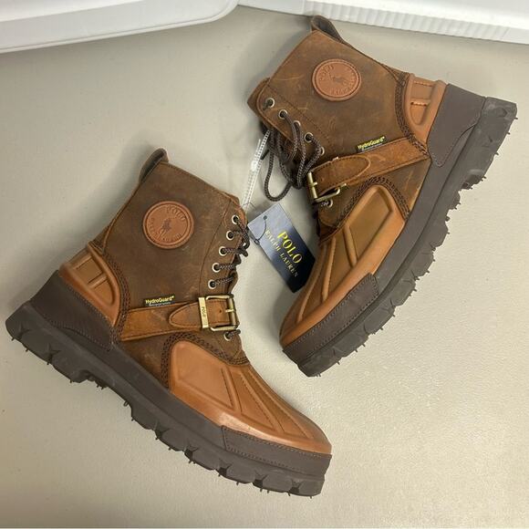 Ralph Lauren Polo Genuine Leather Boots Men 11.5 Brown Hiking Lace Up Buckle NWT - Picture 1 of 6
